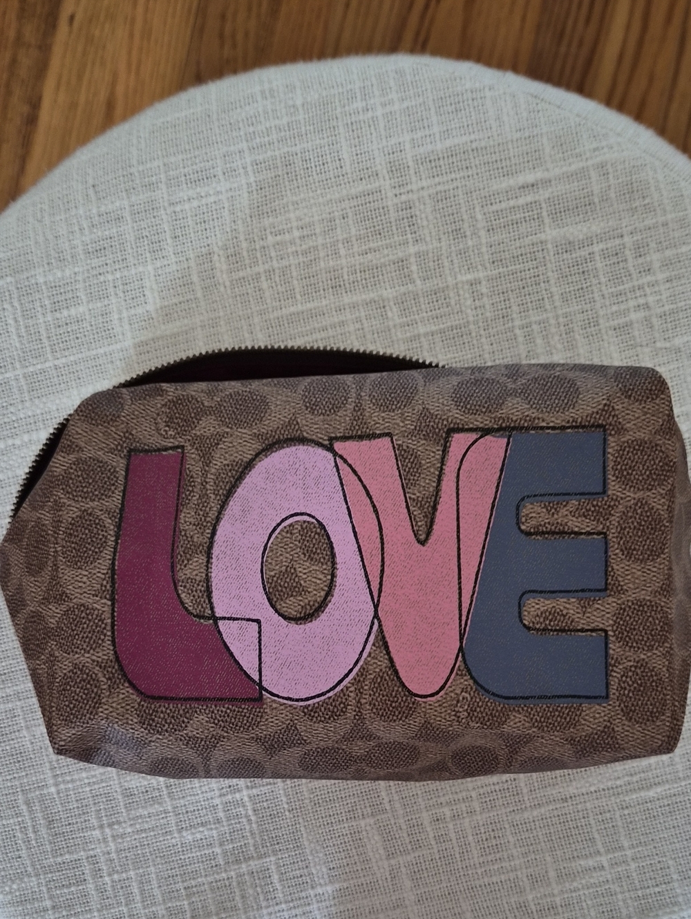 Coach Brown Logo Pouch with Pink, Magenta and Blue LOVE Graphic